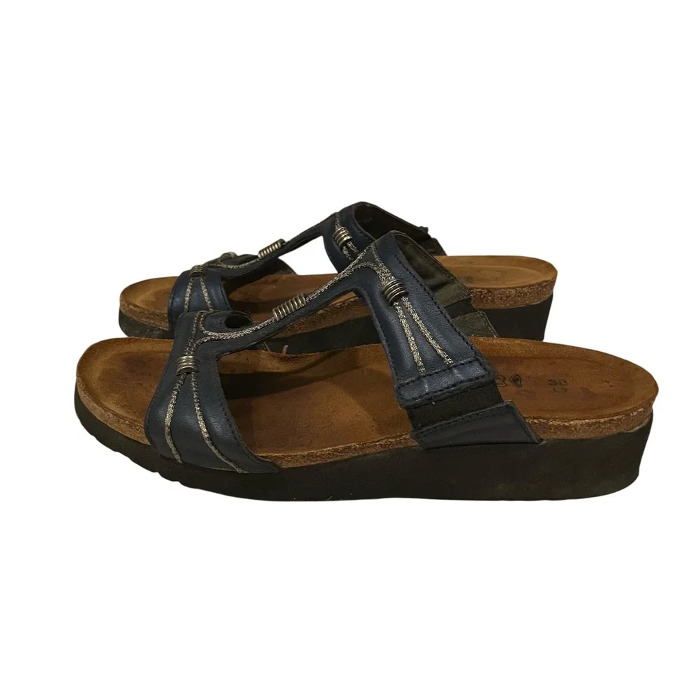 Naot Dana‎ Women Blue Leather Sandals Metallic Silver Detail Size 38 L7 Israel